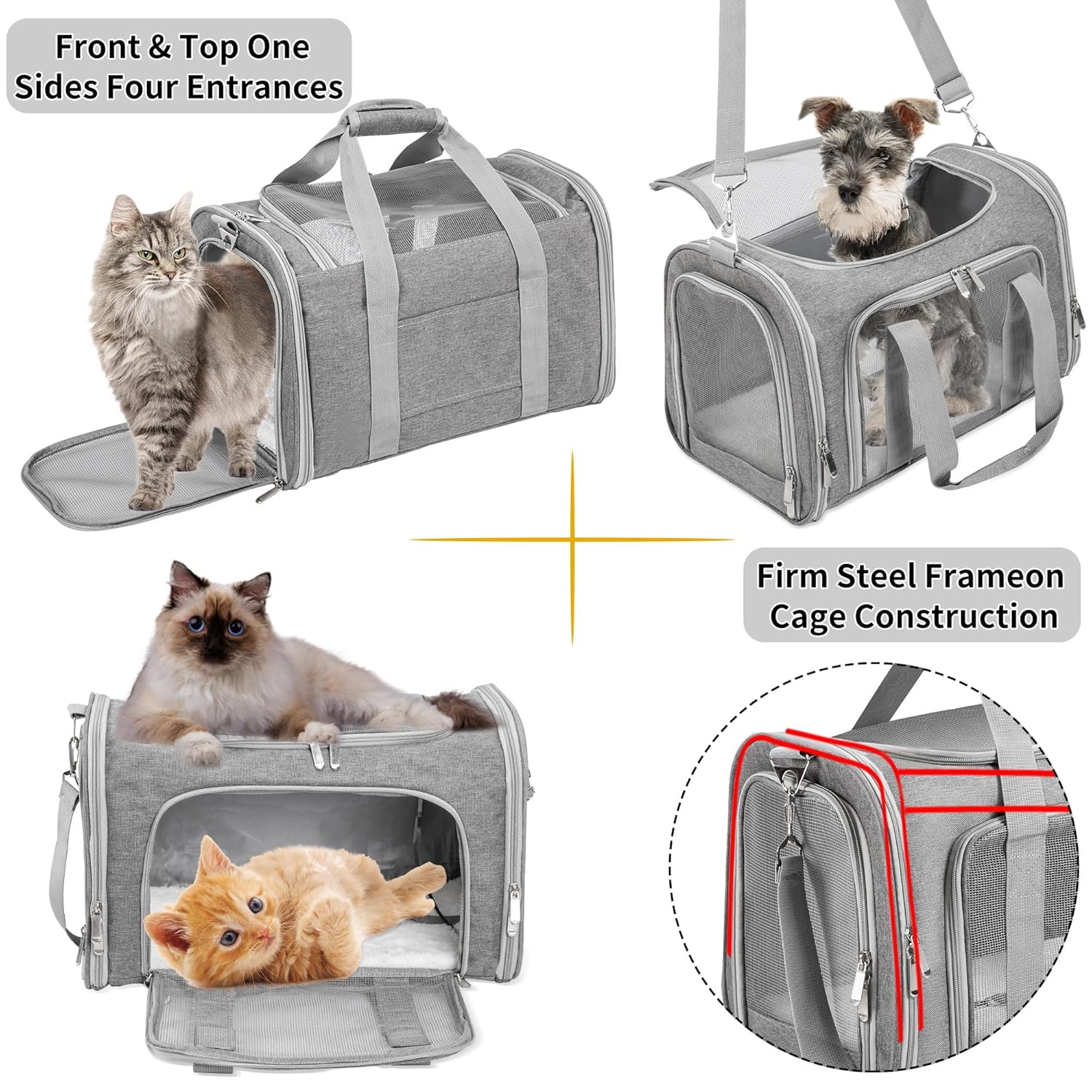 Soft-Sided Cat/Dog/Pet Carrier, Collapsible Pets Travel Carriers for Big Cats/Small Dogs with Shoulder Strap & Removable Mat, Mesh Puppy Carry Bag, Up to 16 Lbs, TSA Airline...