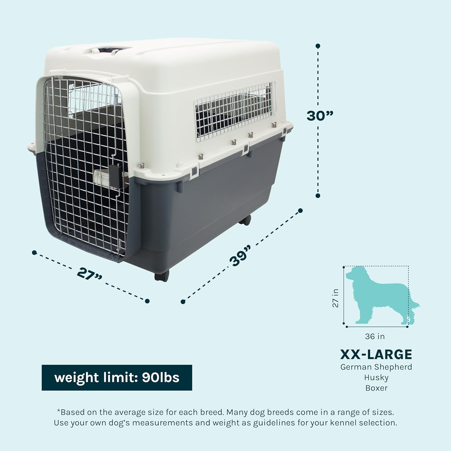 SportPet Airline Compliant XX-LARGE 39" Travel Dog Kennel-Durable Plastic Airline Pet Carrier w/ Removable Wheels & Food Bowls, Collapsible Indoor/Outdoor Dog Kennel, Dogs up to...