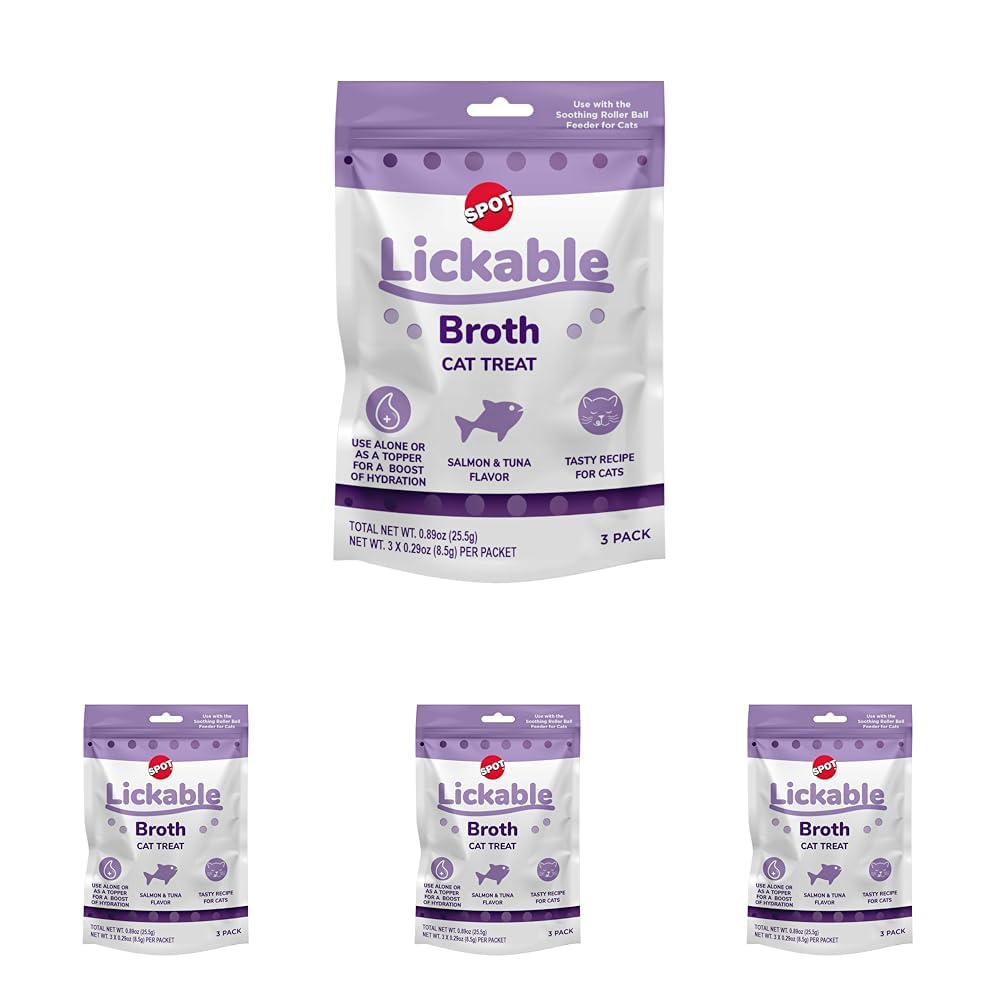 SPOT Lickable Broth Cat Treats – Salmon & Tuna Flavor, Vitamin-Enriched Cat Treat Topper, Adds Hydration & Flavor, Use with Soothing Roller Ball Feeder, 3 Pack