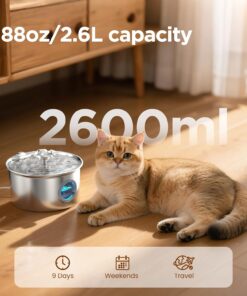 Stainless Steel Cat Water Fountain: 88oz/2.6L Ultra Quiet Pet Fountain with Flower Kitty Spout & LED Blue Light Water Dispenser with Water Level Window for Cats/Dogs Indoor...