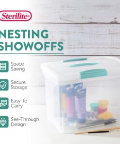 Sterilite Large Nesting ShowOffs, Stackable Small Storage Bin with Latching Lid and Handle, Plastic Container to Organize Office Files, Clear, 6-Pack