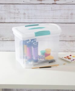 Sterilite Large Nesting ShowOffs, Stackable Small Storage Bin with Latching Lid and Handle, Plastic Container to Organize Office Files, Clear, 6-Pack
