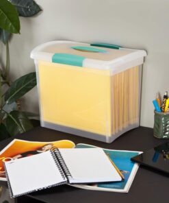 Sterilite Large Nesting ShowOffs, Stackable Small Storage Bin with Latching Lid and Handle, Plastic Container to Organize Office Files, Clear, 6-Pack