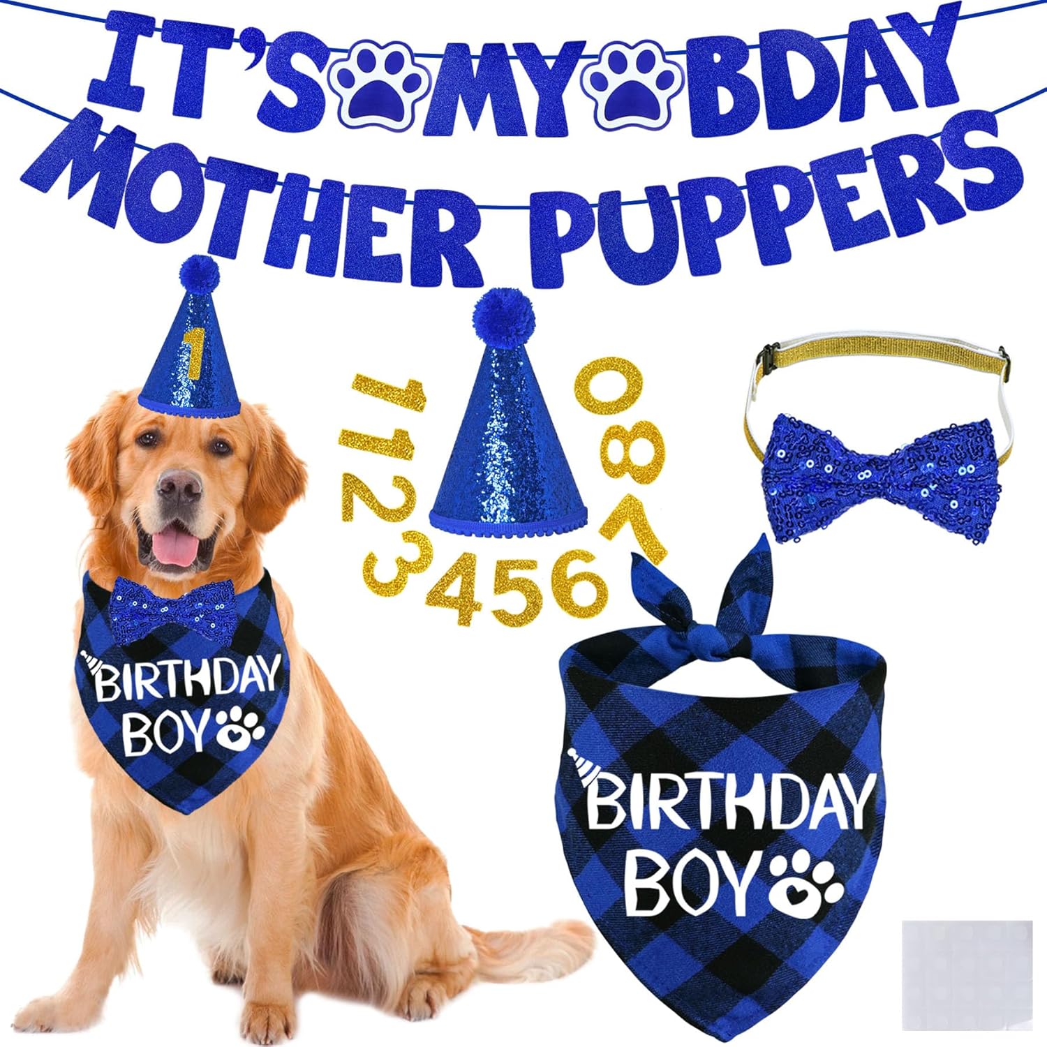 STMK Dog Birthday Decorations, Multi Sizes Dog Birthday Hat with Numbers Bandana Bow Tie It’s My Bday Mother Puppers Banner for Small Medium Dogs Pets (Blue, Small)