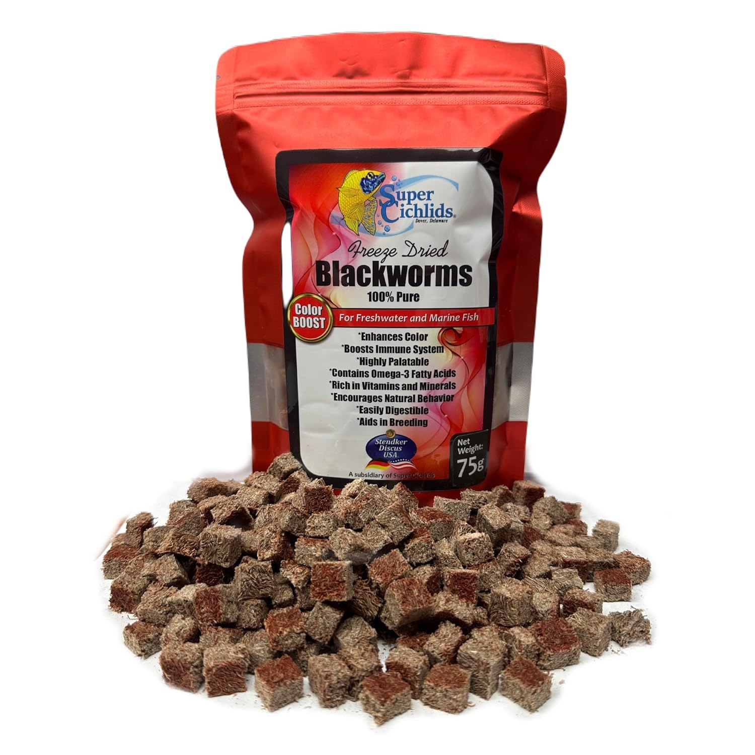 Super Cichlids Freeze Dried Blackworms with Color Boost - Great for Tropical & Marine Aquariums - High Protein, No Preservatives - Live Blackworms Replacement (15 Grams)
