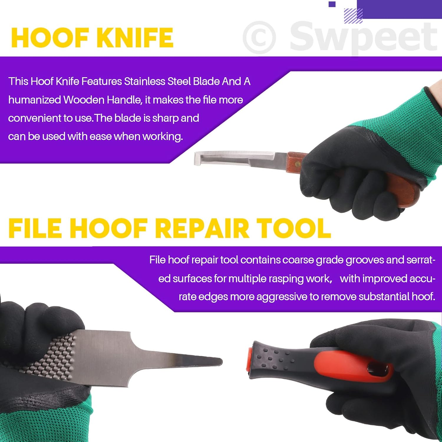 Swpeet 8Pcs Professional Farrier Tools Value Kit with Roll Pack, Horses Hoof Trimmers Shears Tools, Hoof Cutter, Farrier Rasp File and Rubber Handle, Hoof Nipper, Horseshoe...