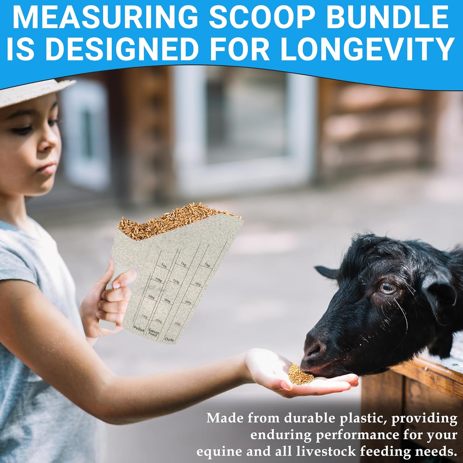 Tharos Distribution Clear Plastic Feed Scoop with Measurement Markings, Durable Sturdy Handle, Reusable Pellet Scoop for Horse Goat Sheep Cattle Stable Feeding, Large