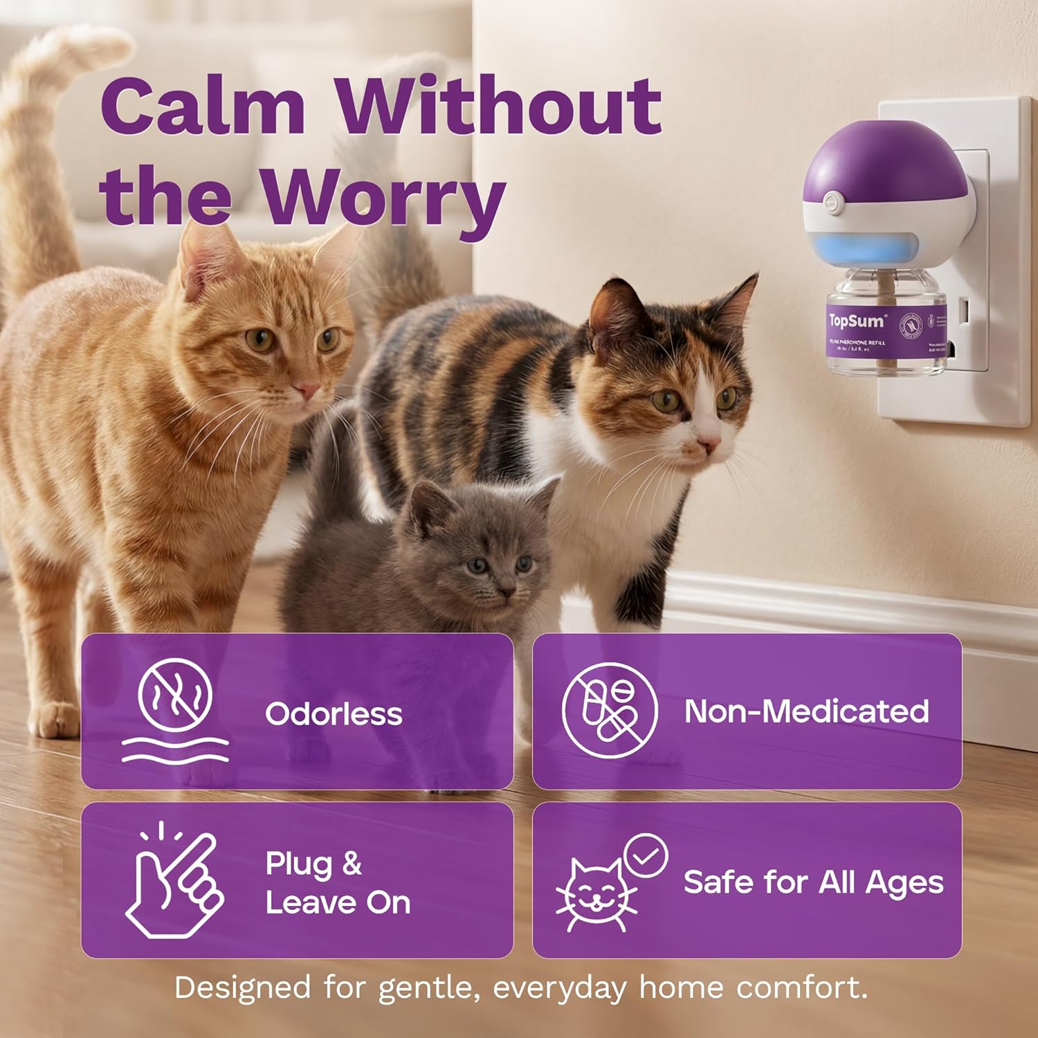 TopSum Cat Calming Pheromone Diffuser: Feline Pheromones Plug in for Stress, Along At Home, Spraying, Fighting, Scratching, Aggression & Excessive Meowing (1 Diffuser + 3 Refills)