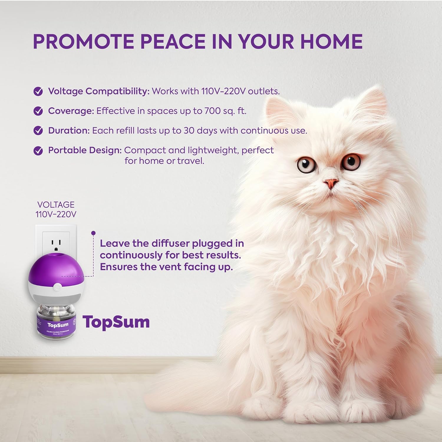 TopSum Cat Calming Pheromone Diffuser: Feline Pheromones Plug in for Stress, Along At Home, Spraying, Fighting, Scratching, Aggression & Excessive Meowing (Purple– 3 Diffusers +...