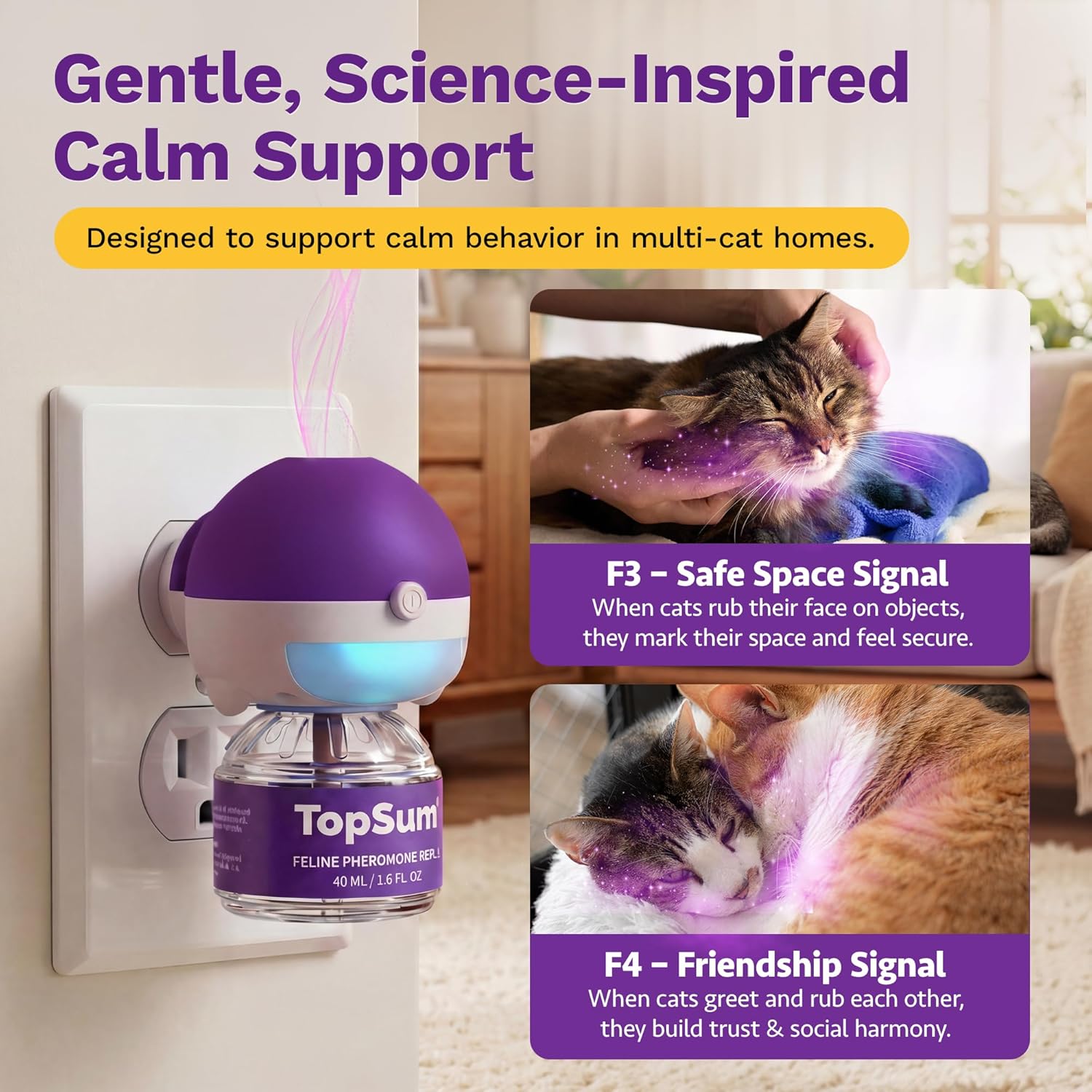 TopSum Cat Calming Pheromone Diffuser: Feline Pheromones Plug in for Stress, Along At Home, Spraying, Fighting, Scratching, Aggression & Excessive Meowing (Purple– 6 Refills)