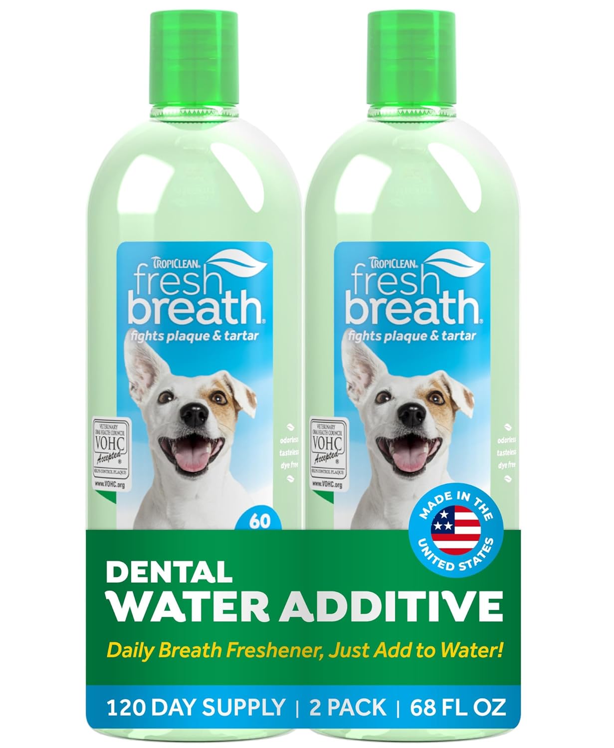 TropiClean Fresh Breath Water Additive for Dogs, Dog Breath Freshener and Teeth Cleaning Solution, No Toothpaste or Toothbrush Required, 33.8oz.