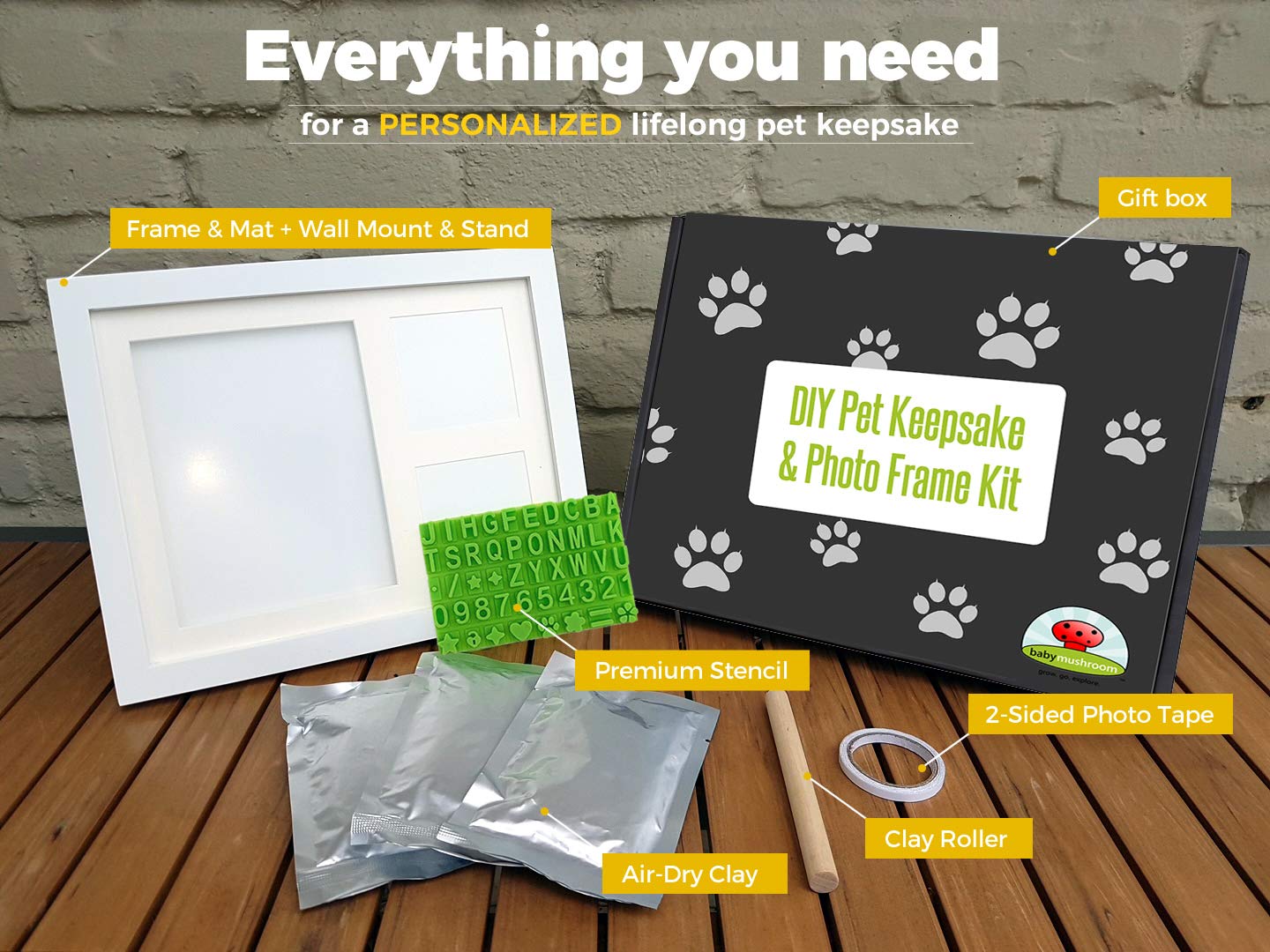 Ultimate Dog or Cat Paw Print Keepsake Kit & Picture Frame - Premium Wooden Photo Frame, Clay Mold for Pet Pawprint & Bonus Stencil. Makes a Personalized Gift for Pet Lovers and...