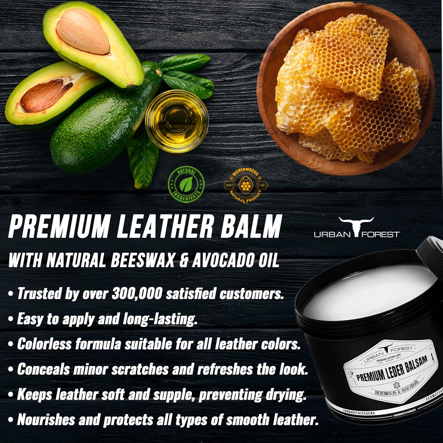URBAN FOREST Leather Care Conditioner incl. natural Beeswax & Avocado Oil 16.9 fl oz, Heavy Duty Scratch Repair Balm - Preservative for Dry Cracked Furniture, Car Seats,...