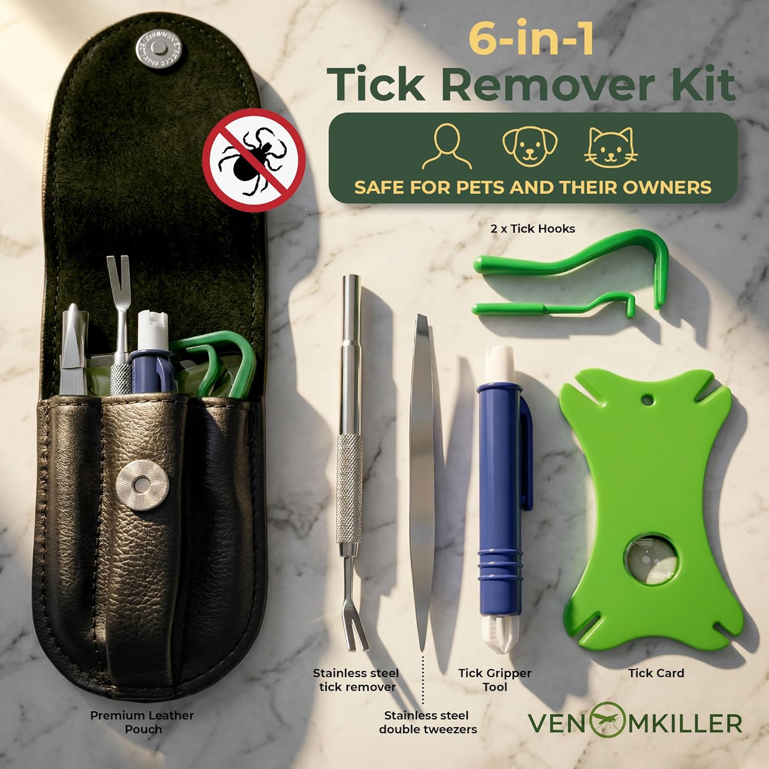 VENOMKILLER 6-in-1 Tick Remover Kit – Tick Removal Tool Set with Stainless Steel Tweezers, Tick Card, Hooks & Leather Case – Tick Remover for Dogs, Cats & Humans