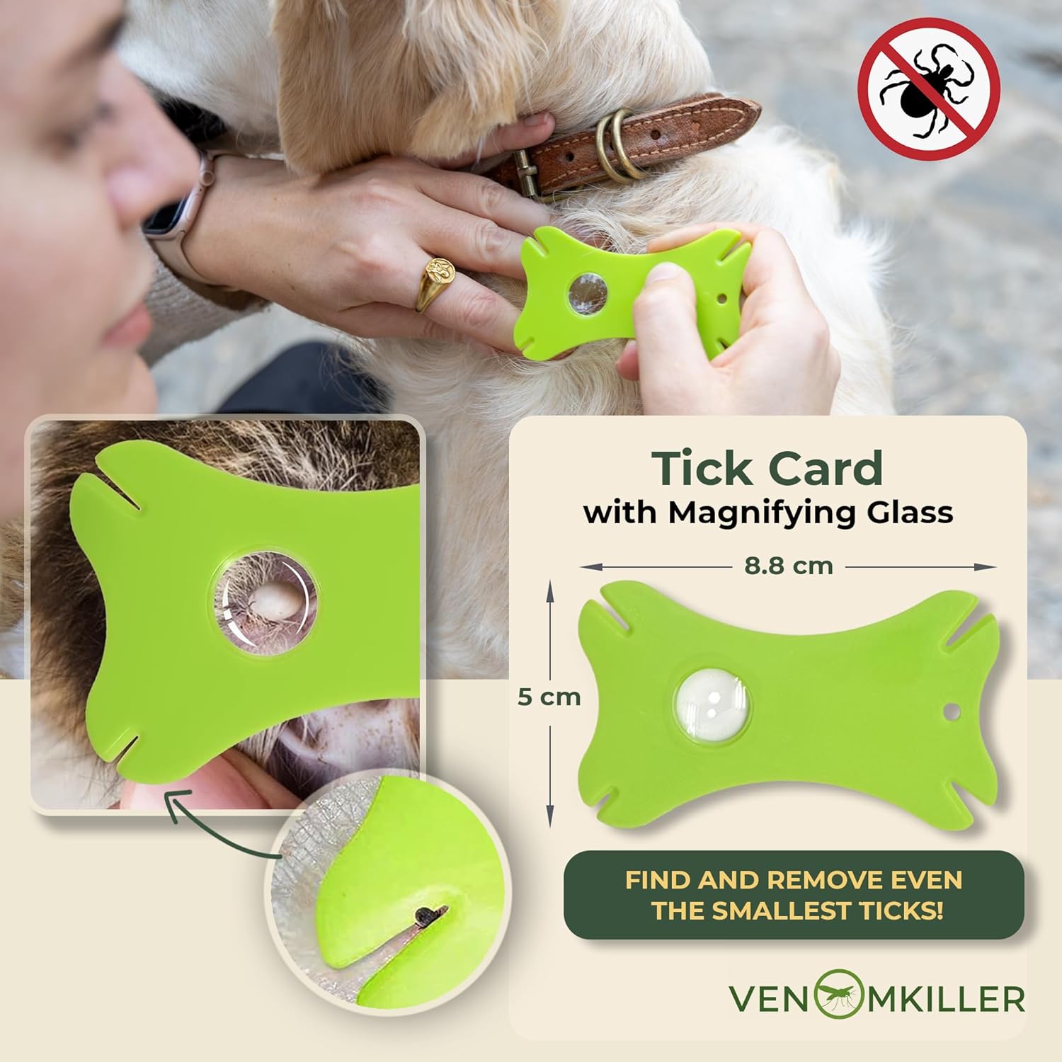 VENOMKILLER 6-in-1 Tick Remover Kit – Tick Removal Tool Set with Stainless Steel Tweezers, Tick Card, Hooks & Leather Case – Tick Remover for Dogs, Cats & Humans