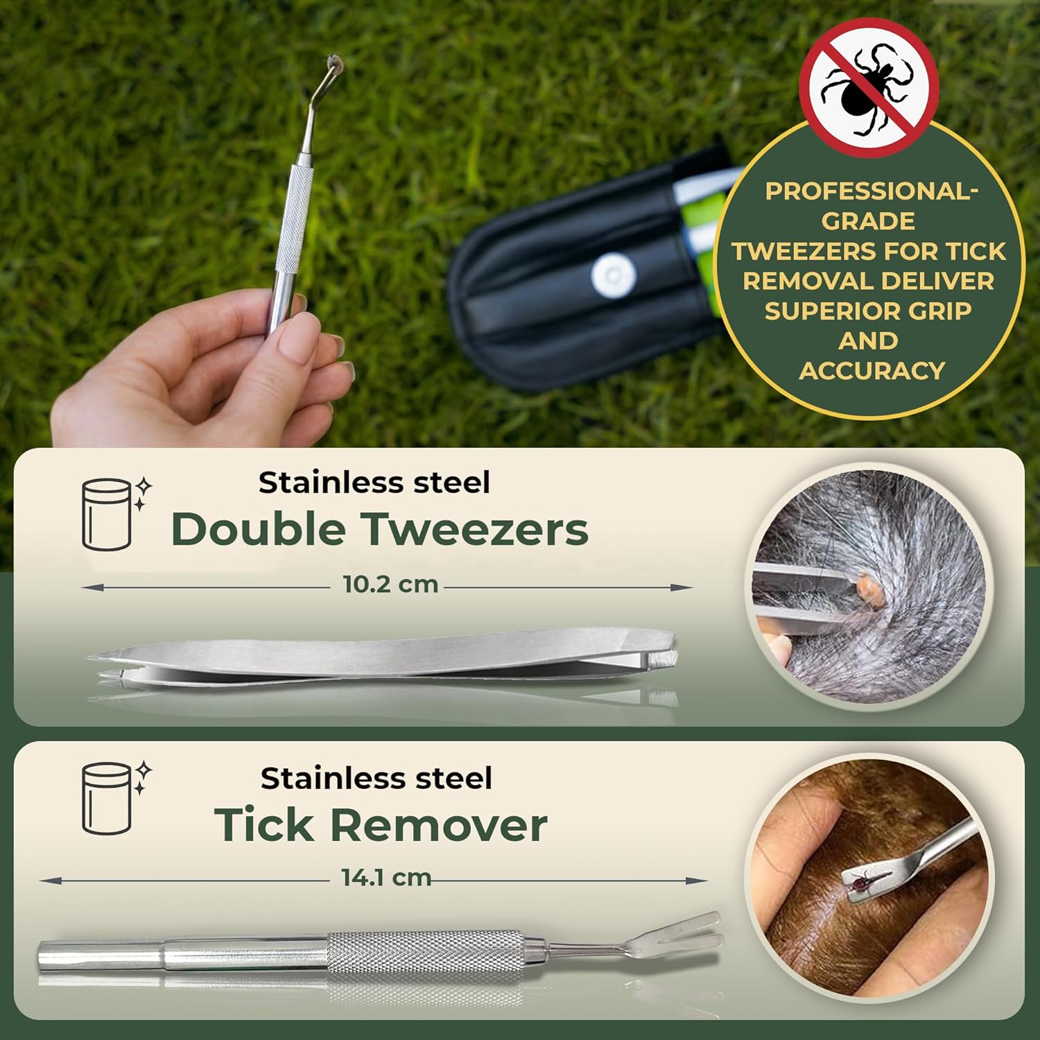 VENOMKILLER 6-in-1 Tick Remover Kit – Tick Removal Tool Set with Stainless Steel Tweezers, Tick Card, Hooks & Leather Case – Tick Remover for Dogs, Cats & Humans