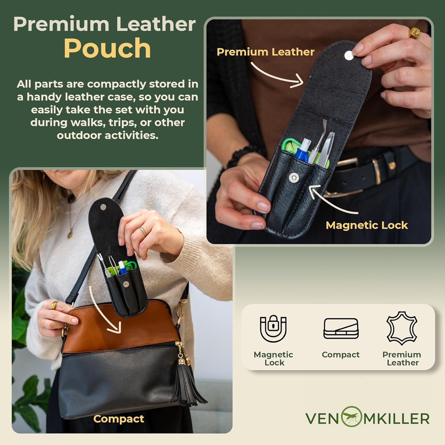 VENOMKILLER 6-in-1 Tick Remover Kit – Tick Removal Tool Set with Stainless Steel Tweezers, Tick Card, Hooks & Leather Case – Tick Remover for Dogs, Cats & Humans