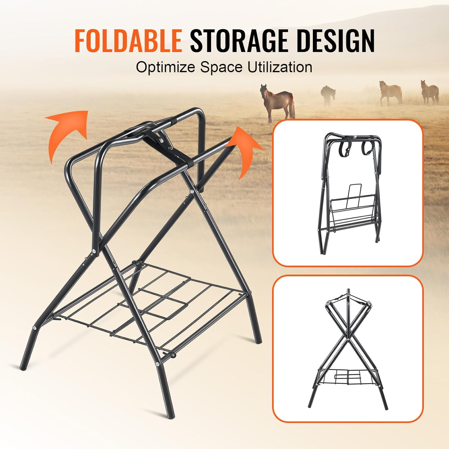 VEVOR Folding Saddle Rack, Freestanding Horse Saddle Stand, Portable Horse Blanket Holder, Heavy Duty Steel Saddle Rack for English & Western Saddles, Tack Storage, 28 x 19 x...