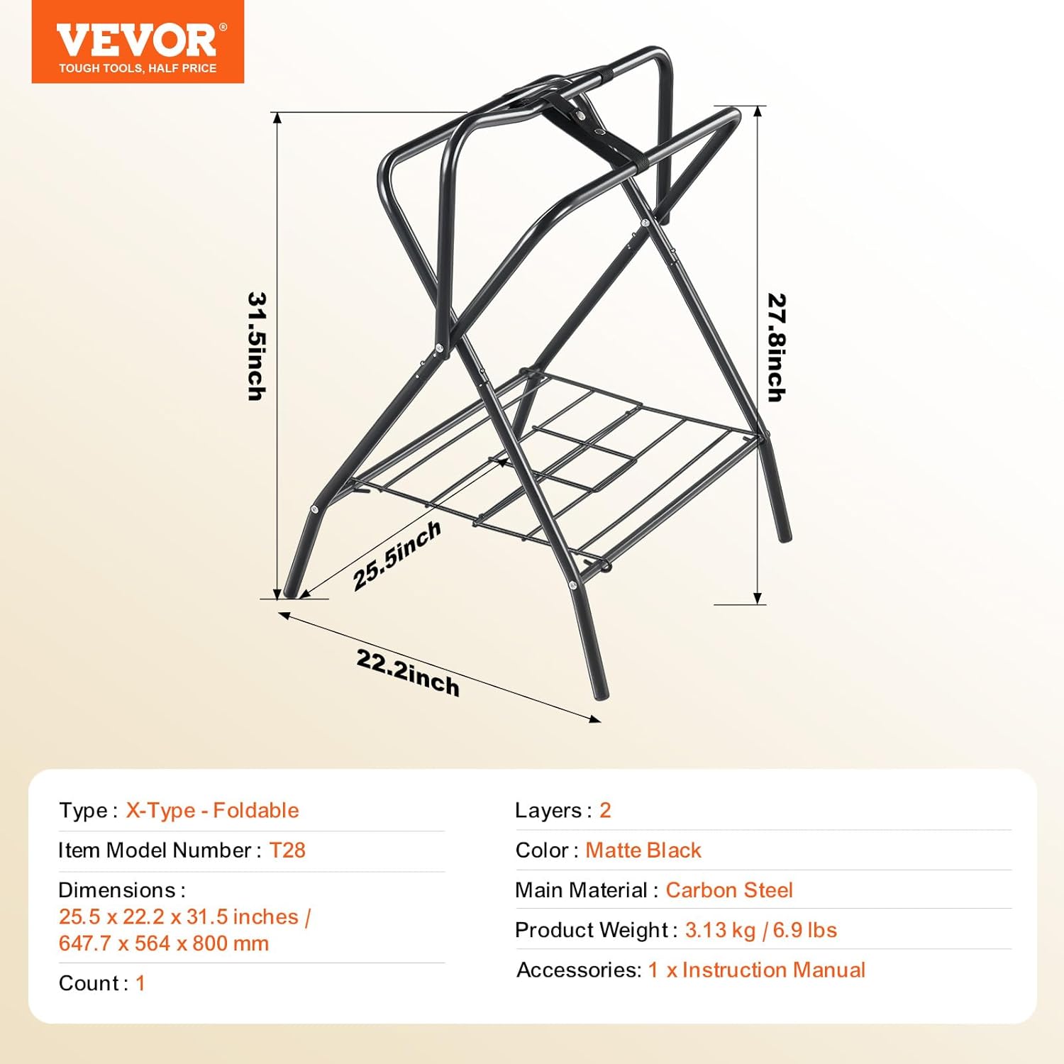 VEVOR Folding Saddle Rack, Freestanding Horse Saddle Stand, Portable Horse Blanket Holder, Heavy Duty Steel Saddle Rack for English & Western Saddles, Tack Storage, 28 x 19 x...