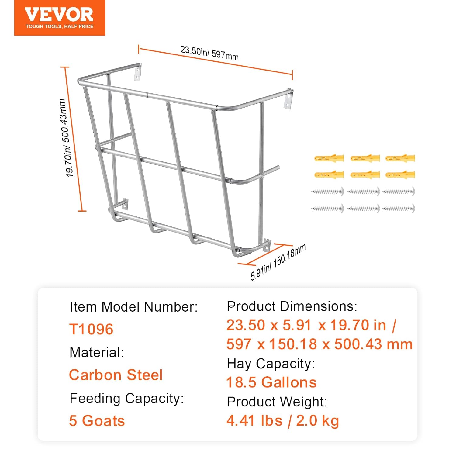 VEVOR Livestock Feeder, 18.5 Gallons Large Capacity, Heavy-Duty Steel Goat Hay Rack, 24.4" Long Wall Mounted Horse Hay Holder, Multiple Sided Feeding Rack for Sheep Farm...