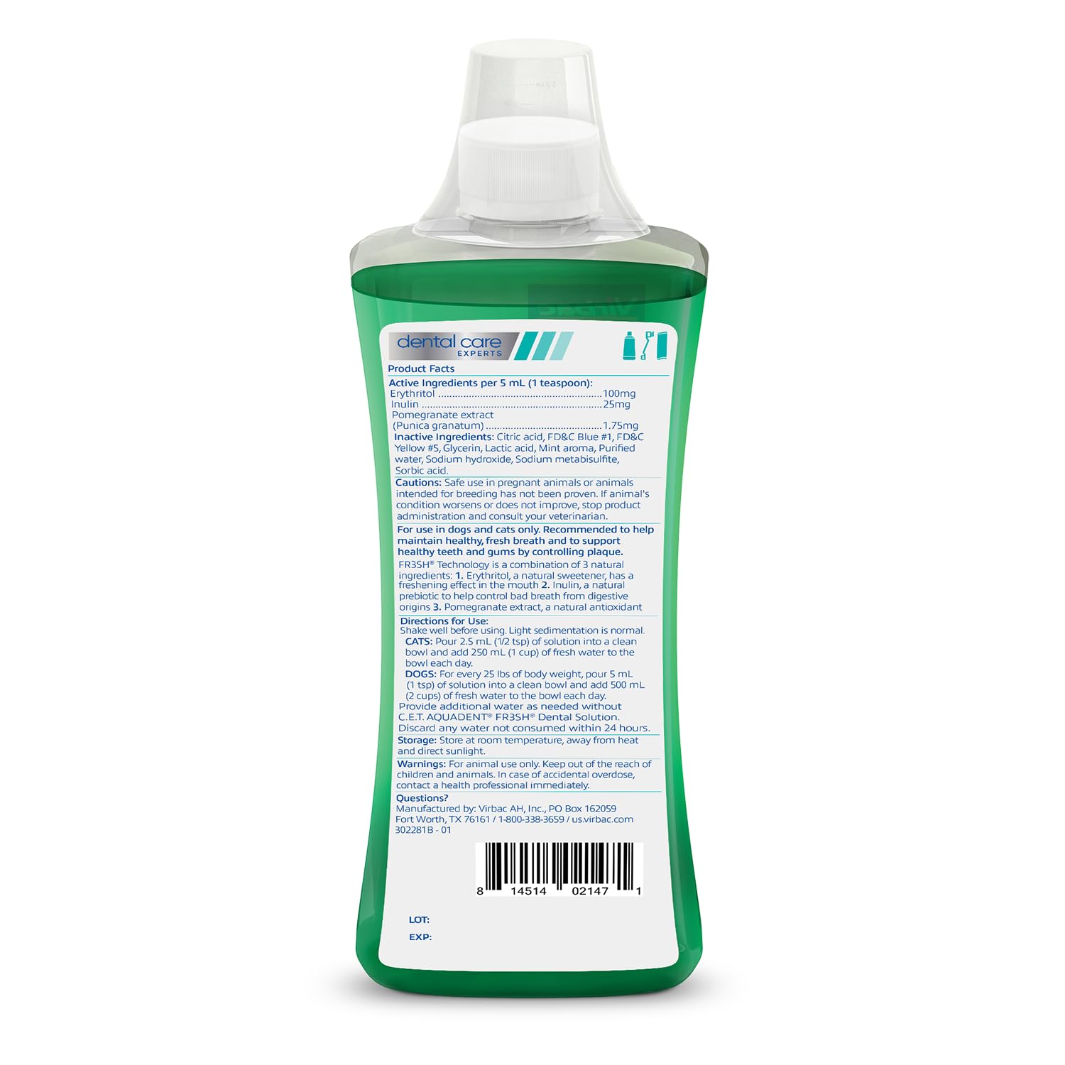 Virbac C.E.T. AQUADENT® FR3SH® Dental Solution - Supports Dental Health & Fresher Breath - for Dogs & Cats (500 ml)