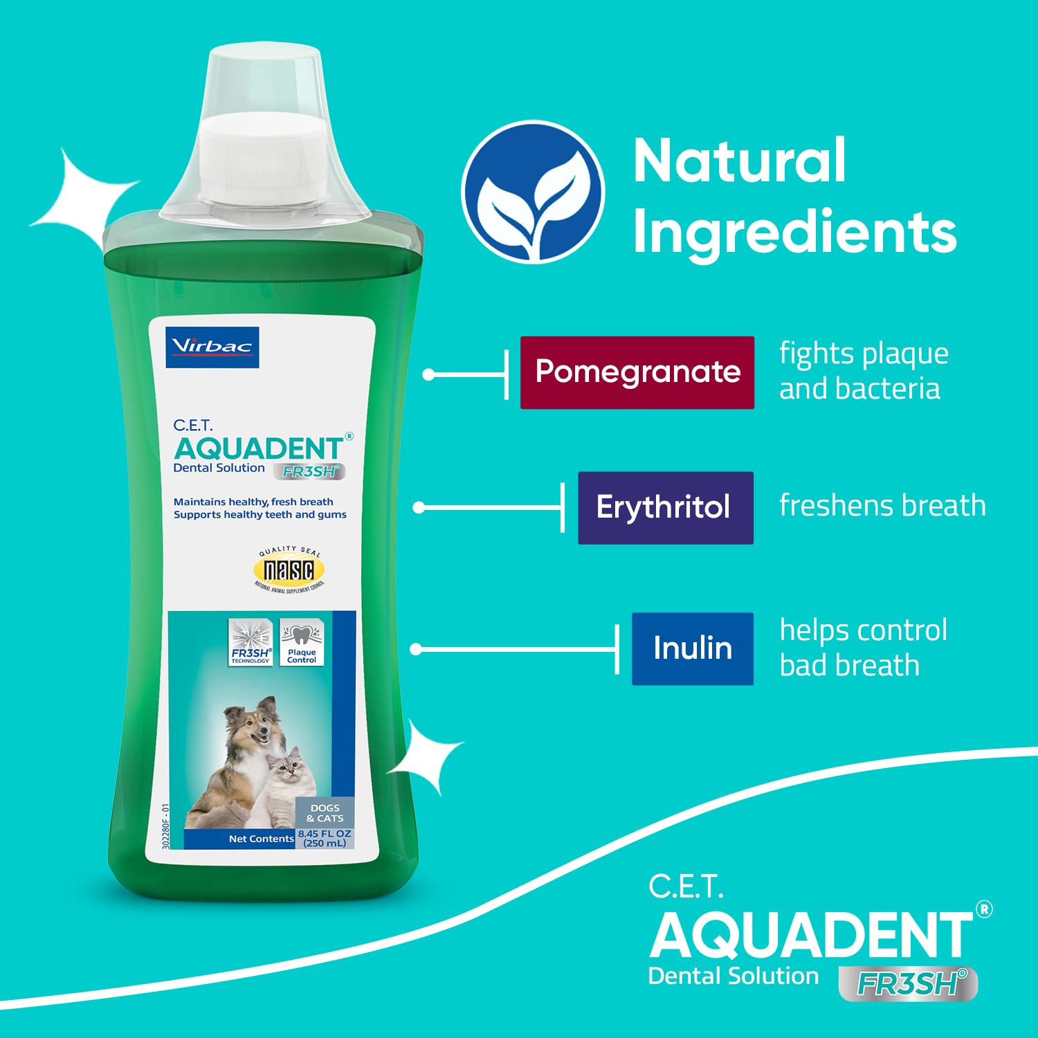 Virbac C.E.T. AQUADENT® FR3SH® Dental Solution - Supports Dental Health & Fresher Breath - for Dogs & Cats (500 ml)