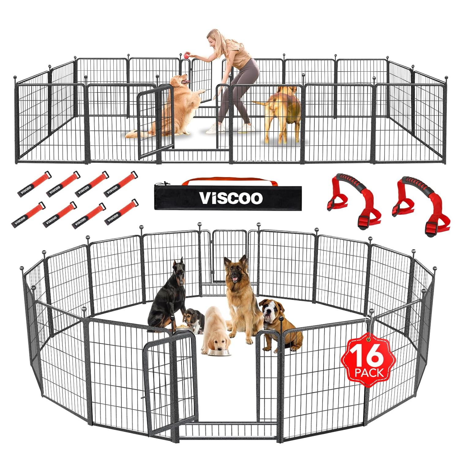 VISCOO Dog Playpen Outdoor, 16 Panels 40" High Metal Dog Fence with Gate, Pet Fence for Large/Small Dogs, Portable Dog Fence for RV Camping, Yard