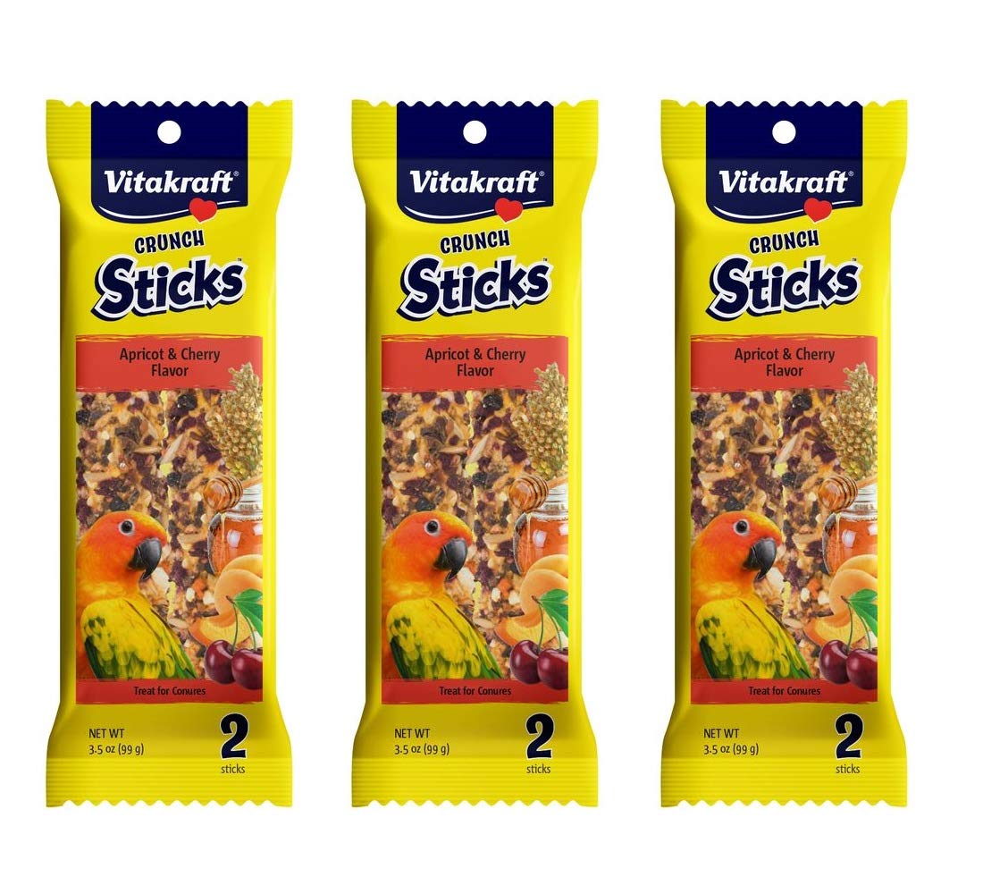 Vitakraft 3 Pack of Apricot & Cherry Crunch Sticks for Conures, 2 Sticks Each