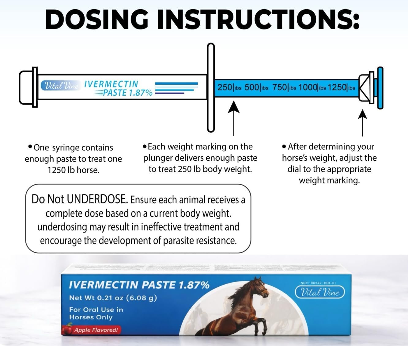 VITALVINE Ivermectin 1.87% Paste for Horses – Apple Flavor 6.08g Syringe, Treats Horses Up to 1250 lbs (3-Pack)