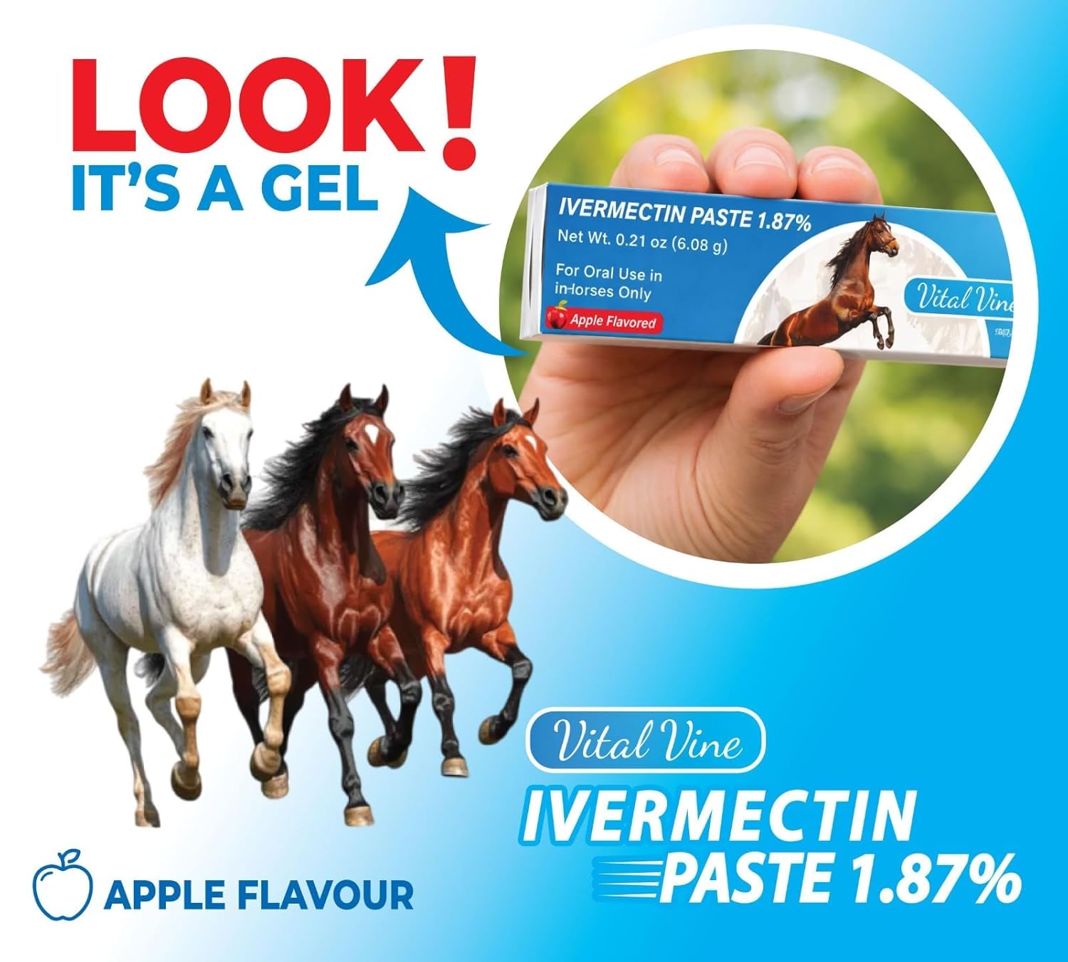 VITALVINE Ivermectin 1.87% Paste for Horses – Apple Flavor 6.08g Syringe, Treats Horses Up to 1250 lbs (3-Pack)