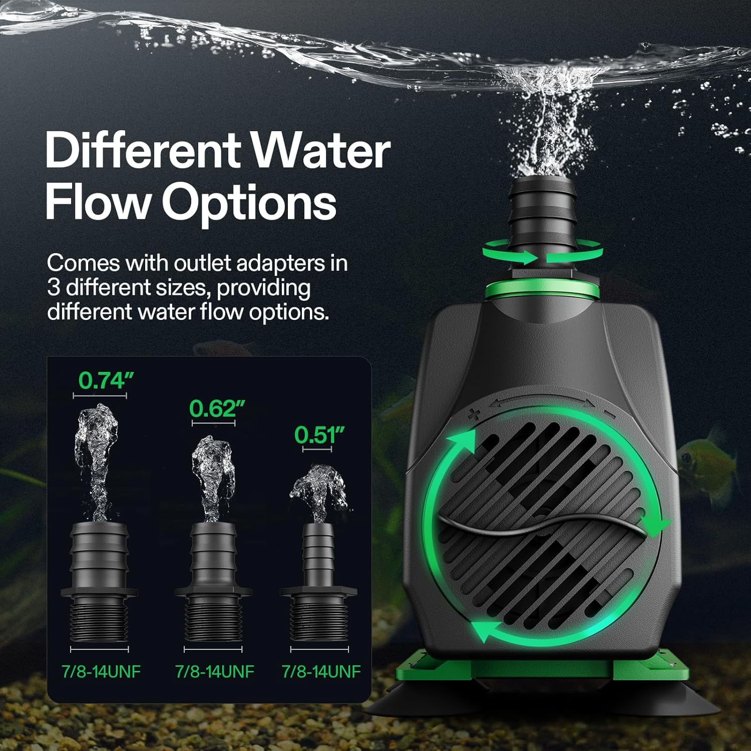 VIVOSUN 800GPH Submersible Pump(3000L/H, 24W), Ultra Quiet Water Fountain Pump with 10ft. High Lift with 6.5ft. Power Cord, 3 Nozzles for Fish Tank, Pond, Aquarium, Statuary,...