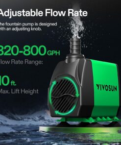 VIVOSUN 800GPH Submersible Pump(3000L/H, 24W), Ultra Quiet Water Fountain Pump with 10ft. High Lift with 6.5ft. Power Cord, 3 Nozzles for Fish Tank, Pond, Aquarium, Statuary,...
