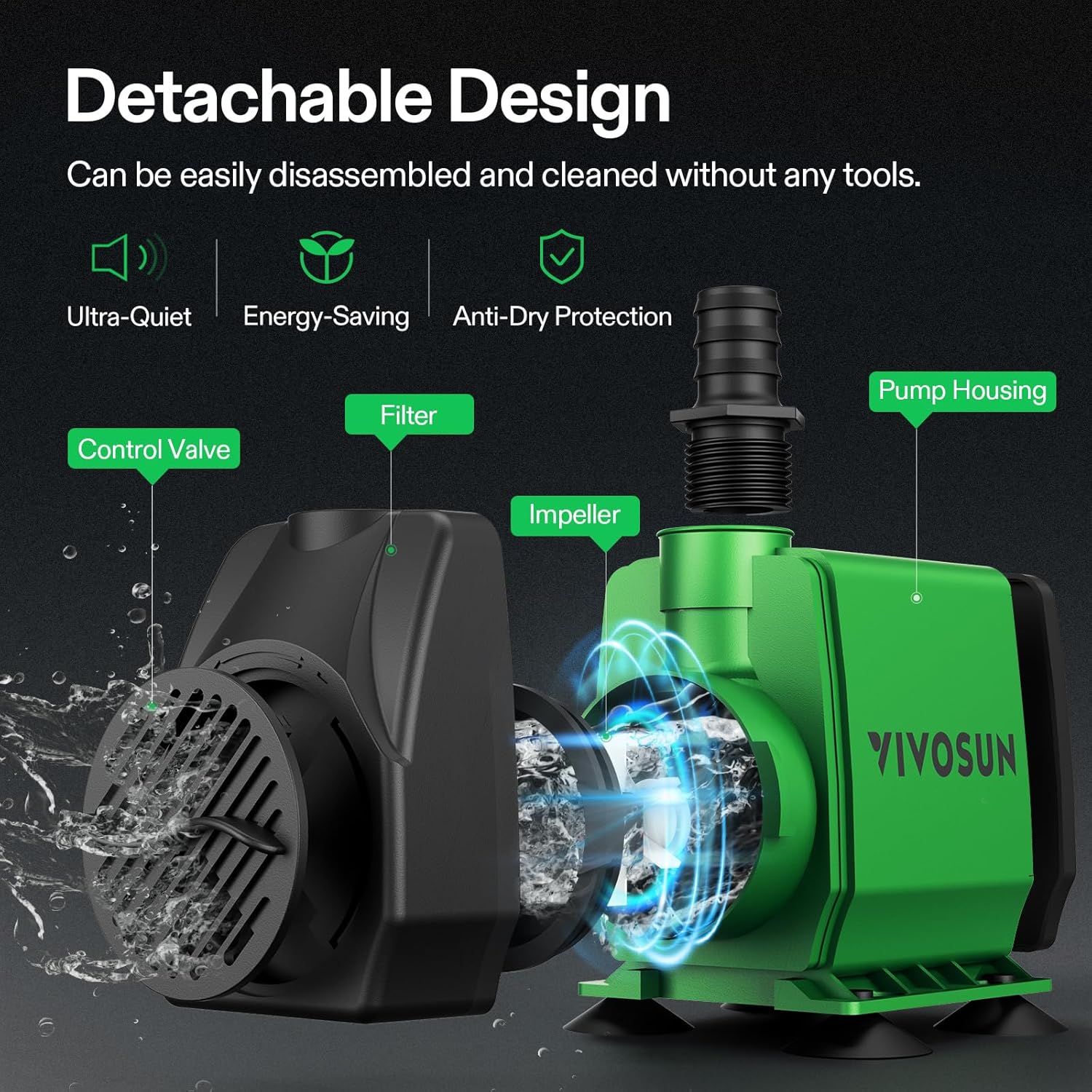 VIVOSUN 800GPH Submersible Pump(3000L/H, 24W), Ultra Quiet Water Fountain Pump with 10ft. High Lift with 6.5ft. Power Cord, 3 Nozzles for Fish Tank, Pond, Aquarium, Statuary,...