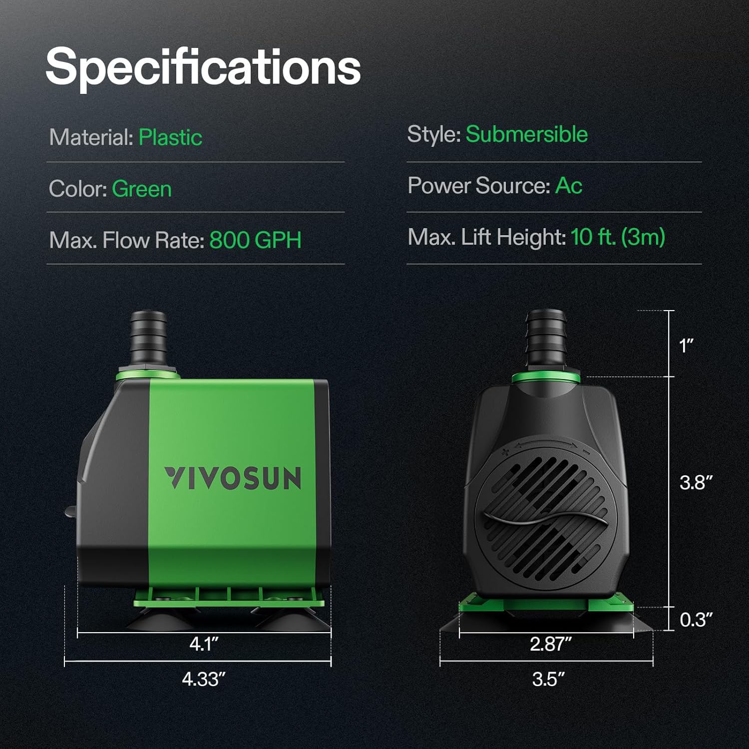 VIVOSUN 800GPH Submersible Pump(3000L/H, 24W), Ultra Quiet Water Fountain Pump with 10ft. High Lift with 6.5ft. Power Cord, 3 Nozzles for Fish Tank, Pond, Aquarium, Statuary,...