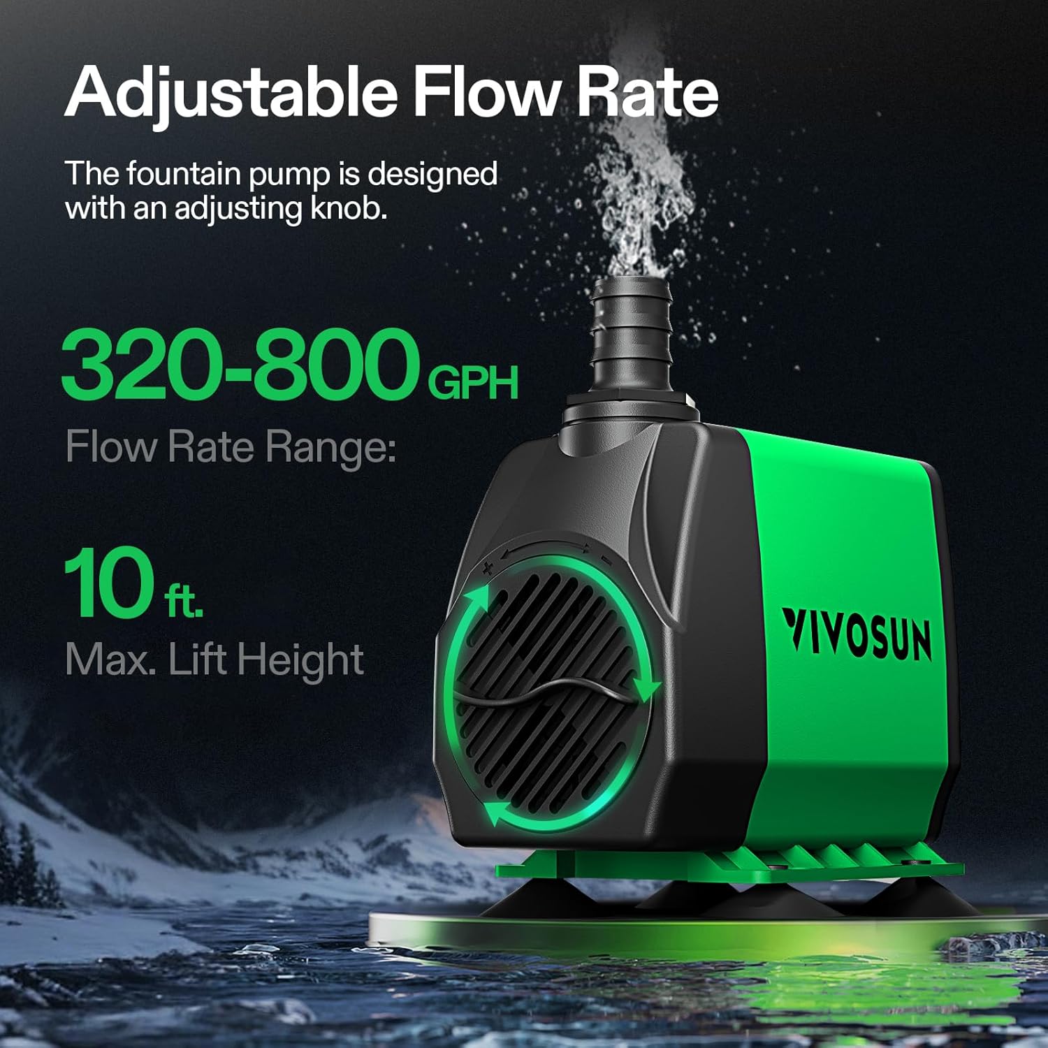 VIVOSUN 800GPH Submersible Pump(3000L/H, 24W), Ultra Quiet Water Fountain Pump with 10ft. High Lift with 6.5ft. Power Cord, 3 Nozzles for Fish Tank, Pond, Aquarium, Statuary,...