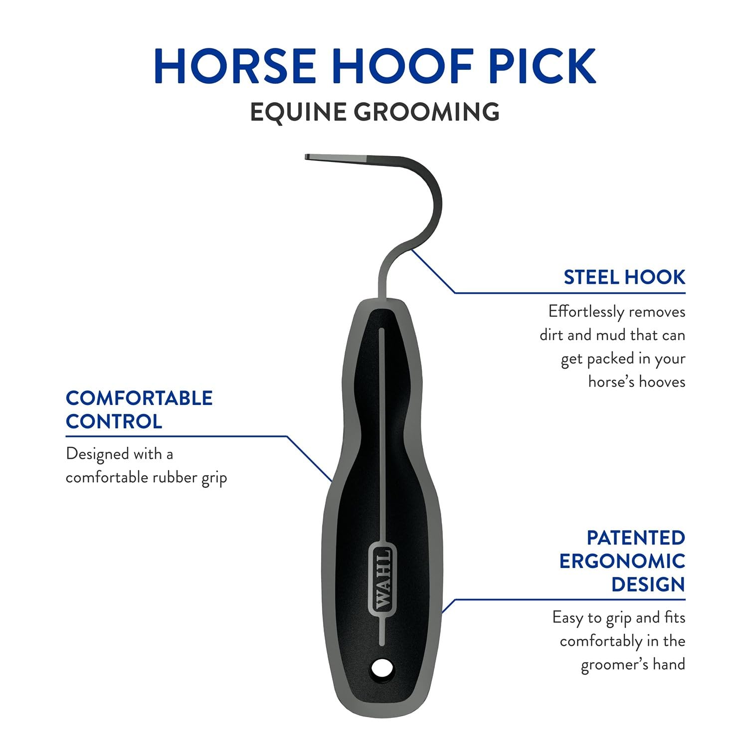 WAHL Professional Animal Equine Grooming Horse Hoof Pick (#858710) - Horse Hoof Pick for Grooming - Ergonomic, Comfort Rubber Handle - Horse Cleaning Tool - Black