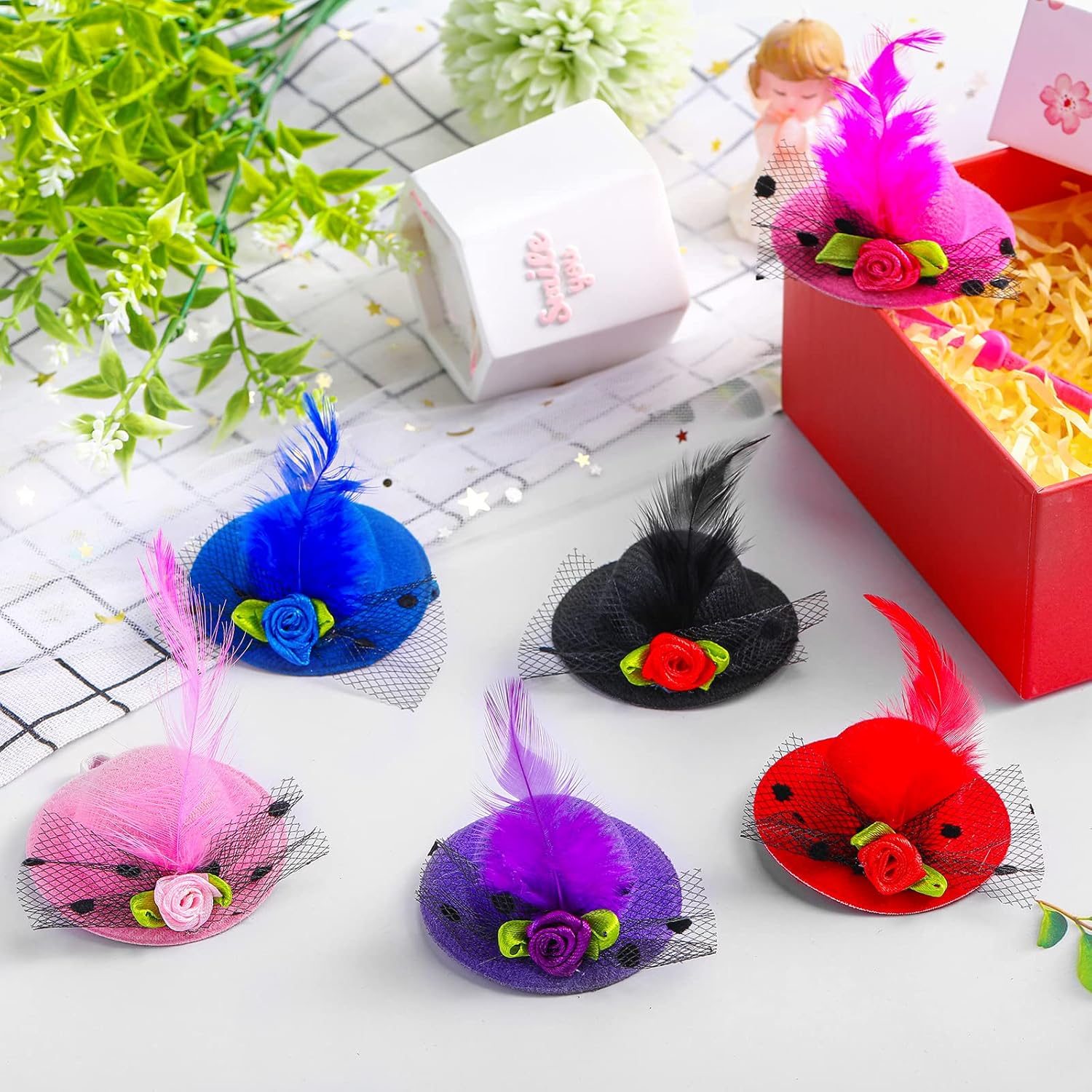 Weewooday 6 Pieces Chicken Hats for Hen Mini Chicken Helmet Accessories Feather Top Funny Small Hat Funny with Adjustable Elastic Chin Strap for Animal Costume (Fresh Color,...