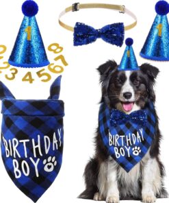 Weewooday Dog Birthday Party Supplies Birthday Boy Girl Cake Bandana Triangle Scarf Party Hat Dog Bow Tie Collar with Numbers for Large Medium Small Dog Puppy 1st...