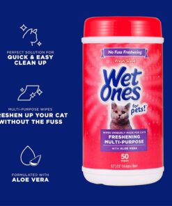 Wet Ones for Cats Freshening Wipes, Multi-Purpose Cat Grooming Wipes with Aloe Vera, Helps Remove Dirt, Odor, and Dander Between Baths, Fresh Scent, 50 Count
