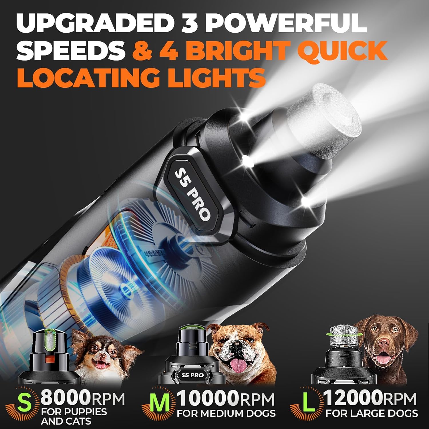 Whisper Quiet Dog Nail Grinder with 4 LED Lights, Safe & Stress-Free for Sensitive Dogs Cats of All Breeds & Sizes, 3 Grinding Bits, 3-Speed, Pet Nail Trimmers, Rechargeable...
