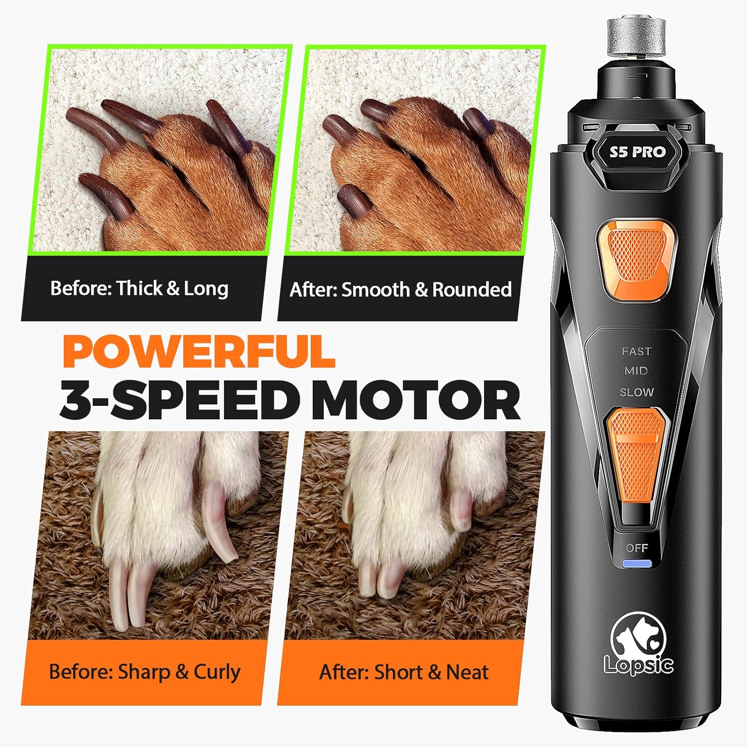 Whisper Quiet Dog Nail Grinder with 4 LED Lights, Safe & Stress-Free for Sensitive Dogs Cats of All Breeds & Sizes, 3 Grinding Bits, 3-Speed, Pet Nail Trimmers, Rechargeable...