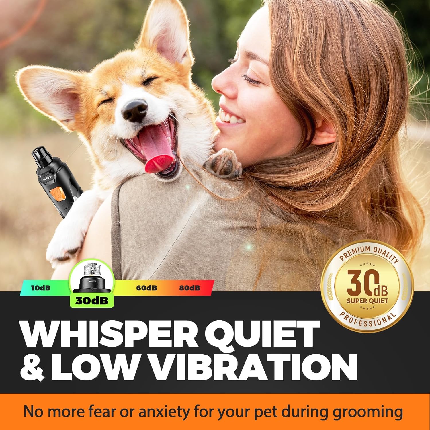 Whisper Quiet Dog Nail Grinder with 4 LED Lights, Safe & Stress-Free for Sensitive Dogs Cats of All Breeds & Sizes, 3 Grinding Bits, 3-Speed, Pet Nail Trimmers, Rechargeable...