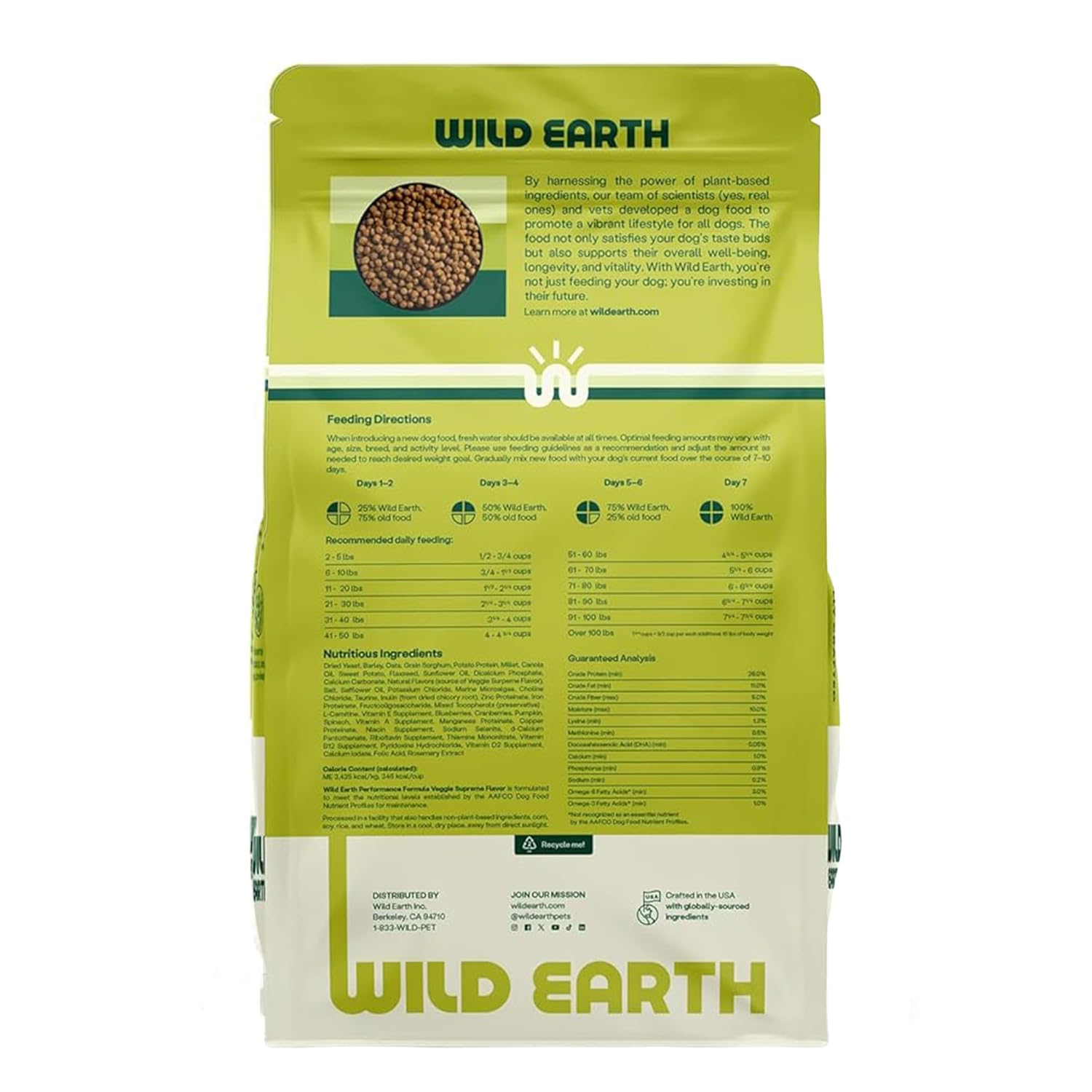 Wild Earth Vegan Dry Dog Food Performance Formula | Plant-Based Vegetarian Kibble | Wheat-Free, Allergen-Free, Veterinarian-Developed | Veggie Supreme Flavor, 18lb Bag