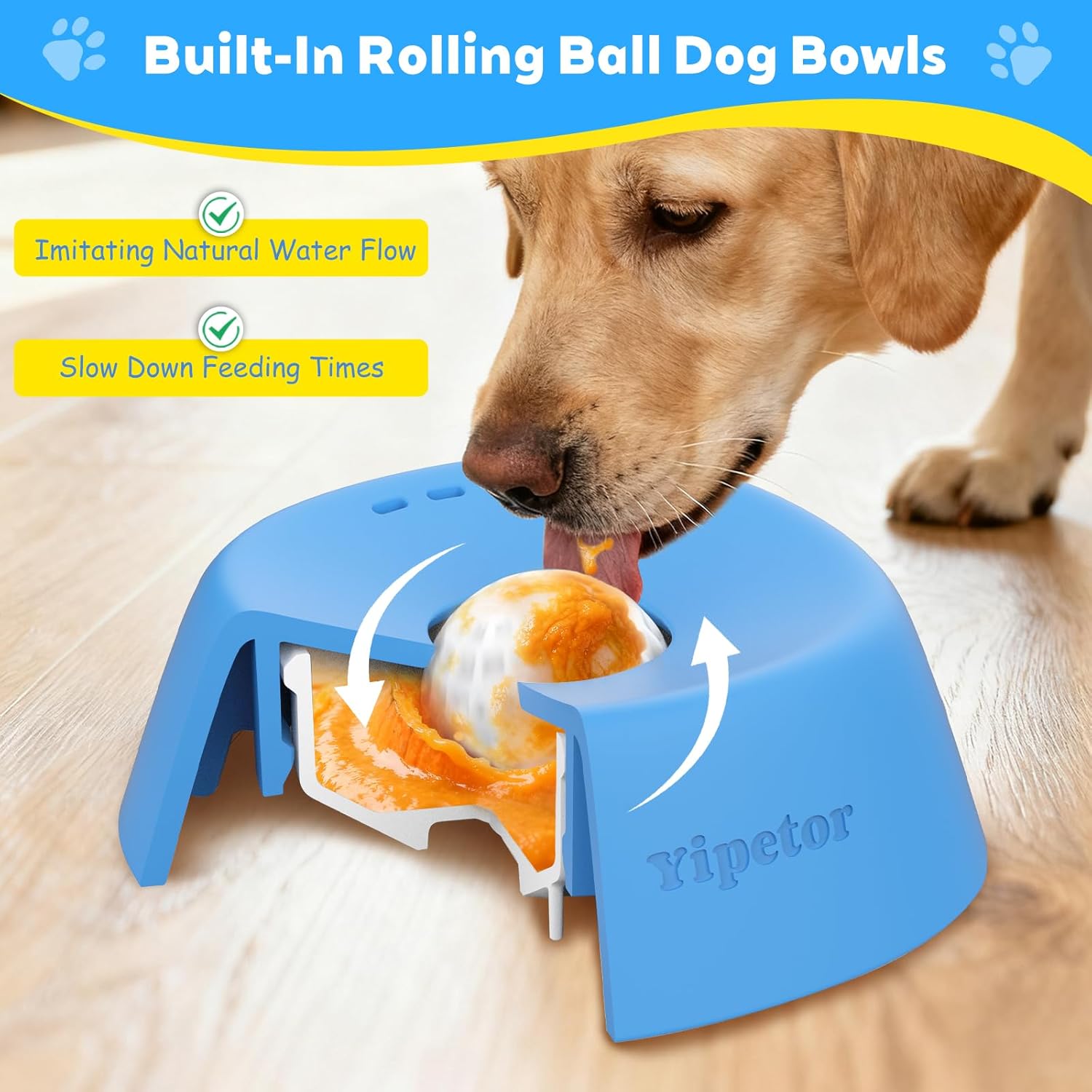 Yipetor Slow Feeder Dog Bowls for Liquid Treat, 【Enrichment Ball-Roll】 Bone Broth Dog Lick Bowl, 3/4 Cup Yogurt Pup Lick Toy for Large Medium Small Breeds Dietary...