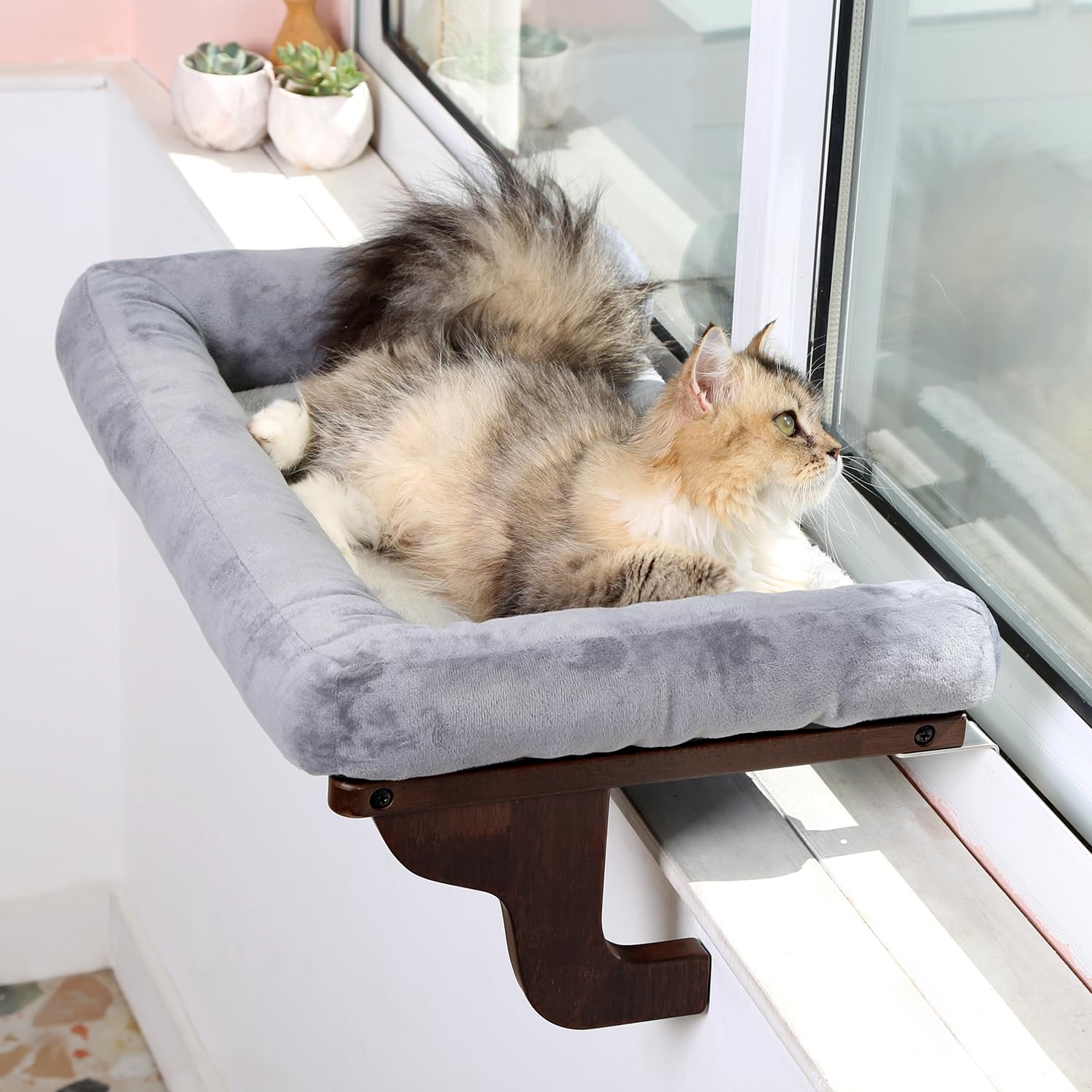 Zakkart Cat Perch for Window Sill with Bolster - Orthopedic Hammock Design with Premium Hardwood & Robust Metal Frame - Cat Window Seat for Large Cats and Kittens - Natural...