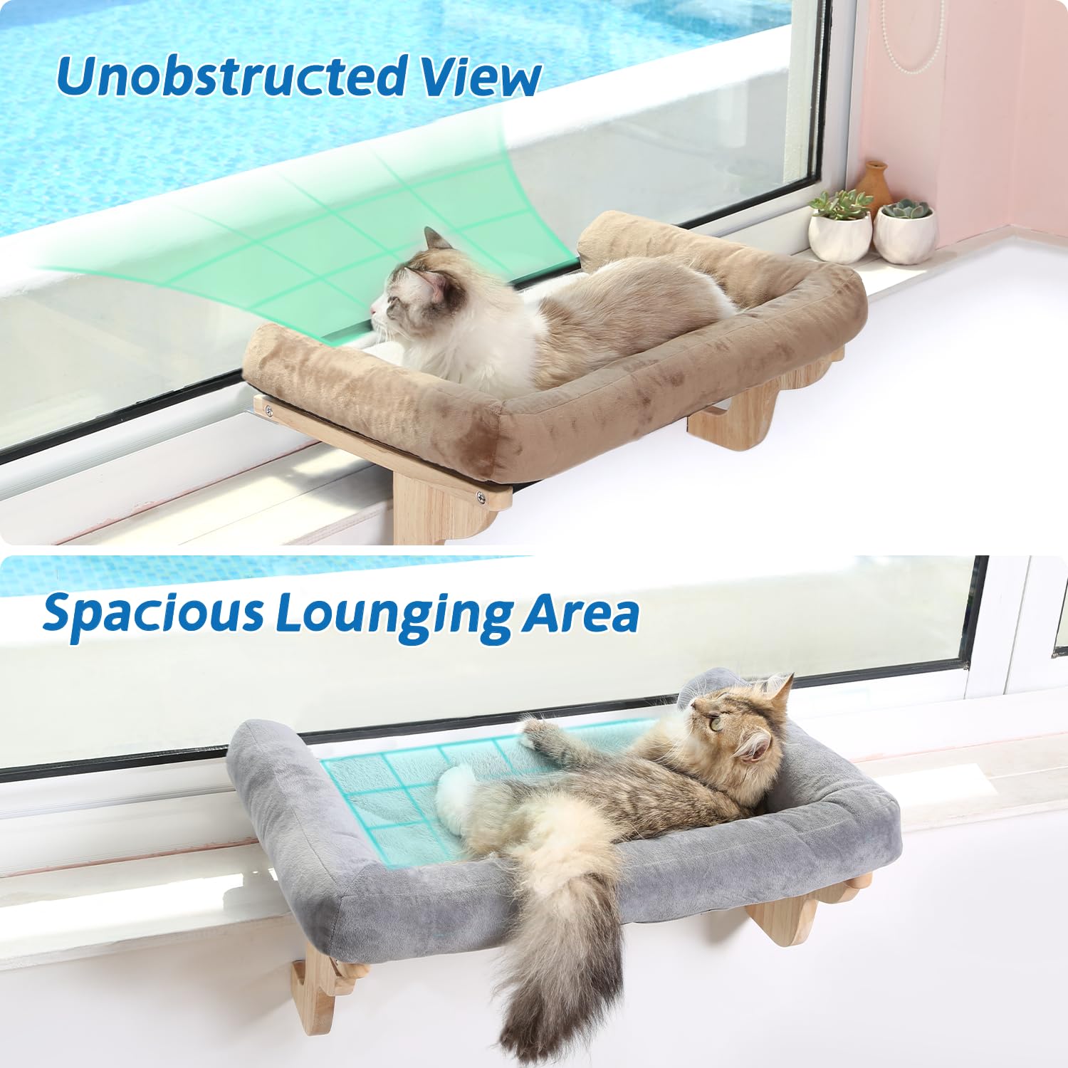 Zakkart Cat Perch for Window Sill with Bolster - Orthopedic Hammock Design with Premium Hardwood & Robust Metal Frame - Cat Window Seat for Large Cats and Kittens - Natural...