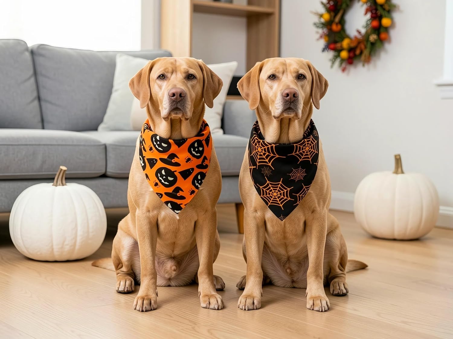 Fall Dog Bandanas 2PCS Halloween Pumpkin Spider Web Large Dogs